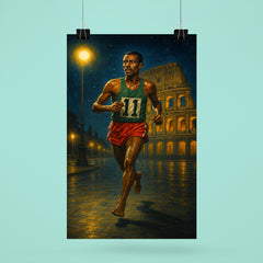 Abebe Bikila barefoot victory under Roman night lights poster 6