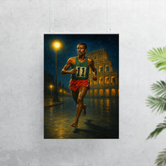 Abebe Bikila barefoot victory under Roman night lights poster 7