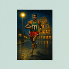 Abebe Bikila barefoot victory under Roman night lights poster 8