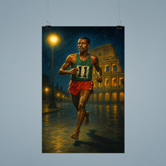 Abebe Bikila barefoot victory under Roman night lights poster 9