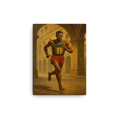 Abebe Bikila running barefoot beneath Roman arches canvas print on a plain backdrop in size 12"x16".