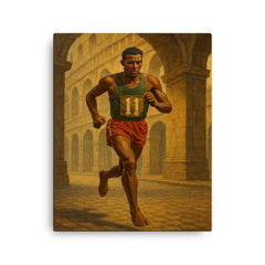 Abebe Bikila running barefoot beneath Roman arches canvas print on a plain backdrop in size 16"x20".