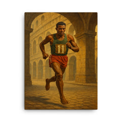 Abebe Bikila running barefoot beneath Roman arches canvas print on a plain backdrop in size 18"x24".