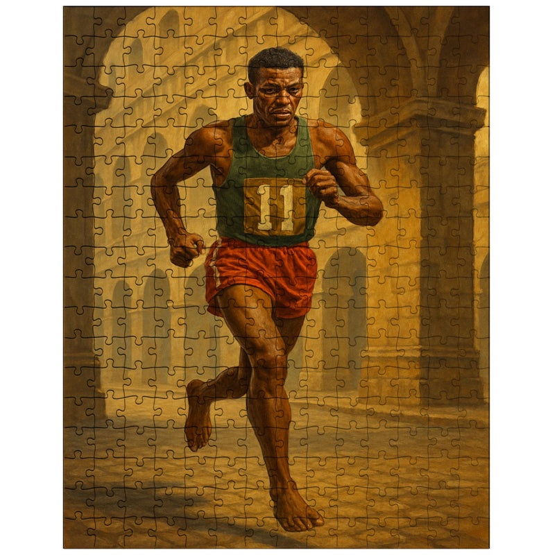 Abebe Bikila running barefoot beneath Roman arches jigsaw puzzle
