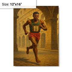 Abebe Bikila running barefoot beneath Roman arches metal print on a plain backdrop in size 12"x16".