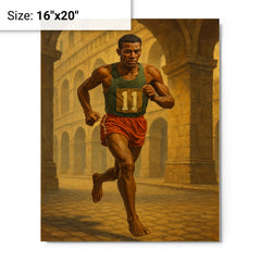 Abebe Bikila running barefoot beneath Roman arches metal print on a plain backdrop in size 16"x20".