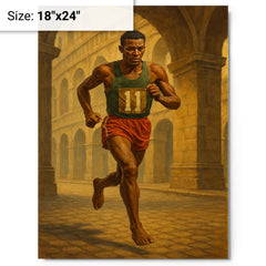 Abebe Bikila running barefoot beneath Roman arches metal print on a plain backdrop in size 18"x24".
