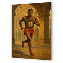 Abebe Bikila running barefoot beneath Roman arches metal print mockup