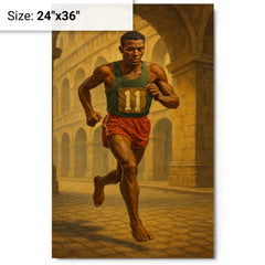 Abebe Bikila running barefoot beneath Roman arches metal print on a plain backdrop in size 24"x36".