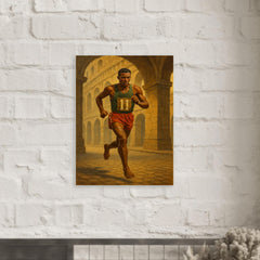 Abebe Bikila running barefoot beneath Roman arches metal print mockup