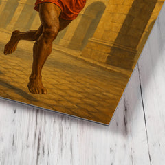 Abebe Bikila running barefoot beneath Roman arches metal print mockup