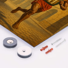 Abebe Bikila running barefoot beneath Roman arches metal print mockup