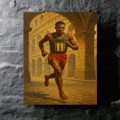 Abebe Bikila running barefoot beneath Roman arches metal print mockup