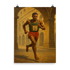 Abebe Bikila running barefoot beneath Roman arches poster on a plain backdrop in size 8"x10".