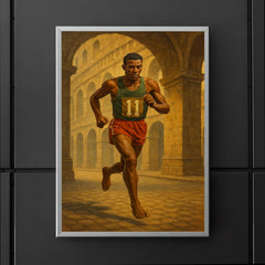 Abebe Bikila running barefoot beneath Roman arches poster 5