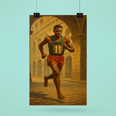 Abebe Bikila running barefoot beneath Roman arches poster 6