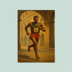 Abebe Bikila running barefoot beneath Roman arches poster 8