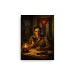 Abel Santamaria clandestine Havana safehouse scene canvas print on a plain backdrop in size 12"x16".