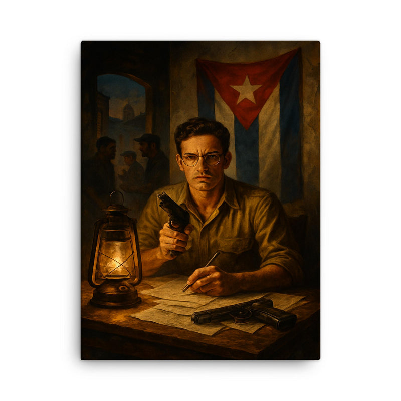 Abel Santamaria clandestine Havana safehouse scene canvas print on a plain backdrop in size 18