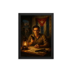 Abel Santamaria clandestine Havana safehouse scene framed print on a plain backdrop in size 12"x16".
