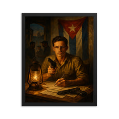 Abel Santamaria clandestine Havana safehouse scene framed print on a plain backdrop in size 16"x20".