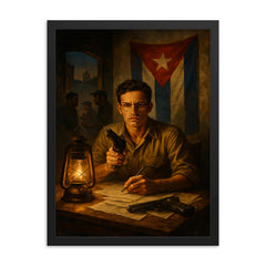 Abel Santamaria clandestine Havana safehouse scene framed print on a plain backdrop in size 18"x24".