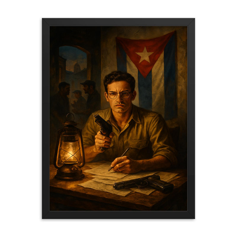 Abel Santamaria clandestine Havana safehouse scene framed print on a plain backdrop in size 18