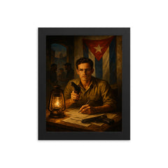 Abel Santamaria clandestine Havana safehouse scene framed print on a plain backdrop in size 8"x10".