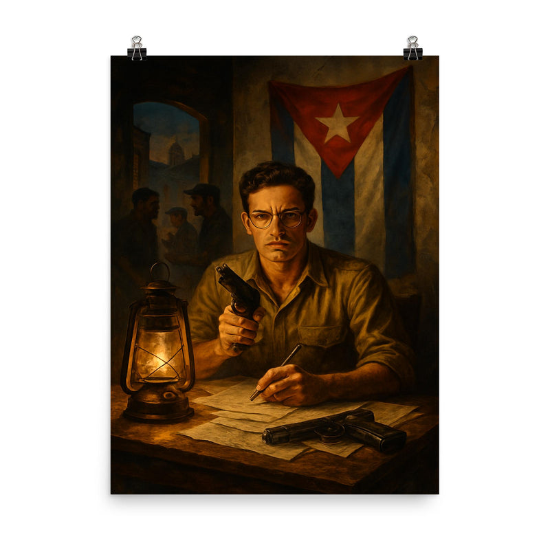 Abel Santamaria clandestine Havana safehouse scene poster on a plain backdrop in size 8