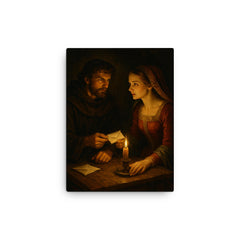Abelard and Heloise exchanging secret letters by candlelight canvas print on a plain backdrop in size 12"x16".
