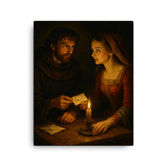 Abelard and Heloise exchanging secret letters by candlelight canvas print on a plain backdrop in size 16"x20".