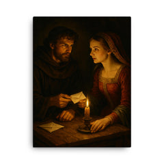 Abelard and Heloise exchanging secret letters by candlelight canvas print on a plain backdrop in size 18"x24".