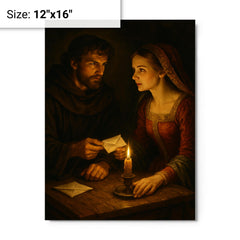Abelard and Heloise exchanging secret letters by candlelight metal print on a plain backdrop in size 12"x16".