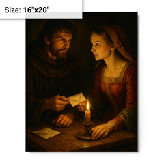 Abelard and Heloise exchanging secret letters by candlelight metal print on a plain backdrop in size 16"x20".