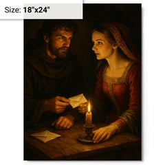 Abelard and Heloise exchanging secret letters by candlelight metal print on a plain backdrop in size 18"x24".
