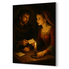 Abelard and Heloise exchanging secret letters by candlelight metal print mockup
