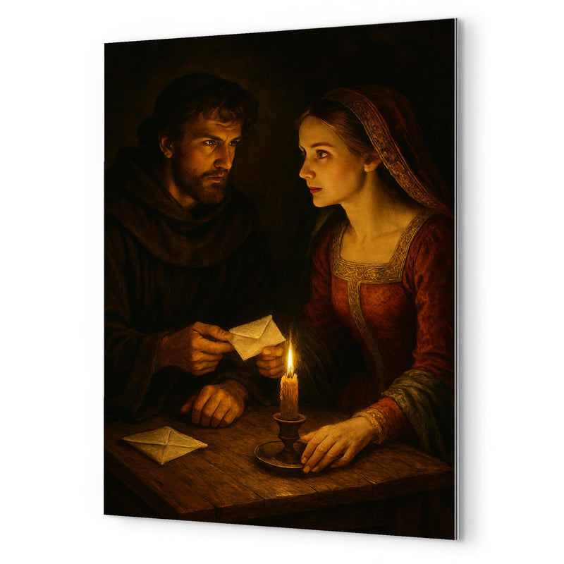 Abelard and Heloise exchanging secret letters by candlelight metal print mockup