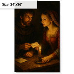 Abelard and Heloise exchanging secret letters by candlelight metal print on a plain backdrop in size 24"x36".