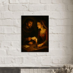 Abelard and Heloise exchanging secret letters by candlelight metal print mockup