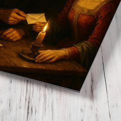 Abelard and Heloise exchanging secret letters by candlelight metal print mockup