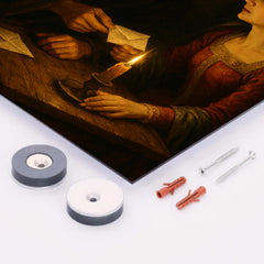 Abelard and Heloise exchanging secret letters by candlelight metal print mockup
