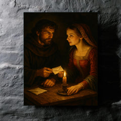 Abelard and Heloise exchanging secret letters by candlelight metal print mockup