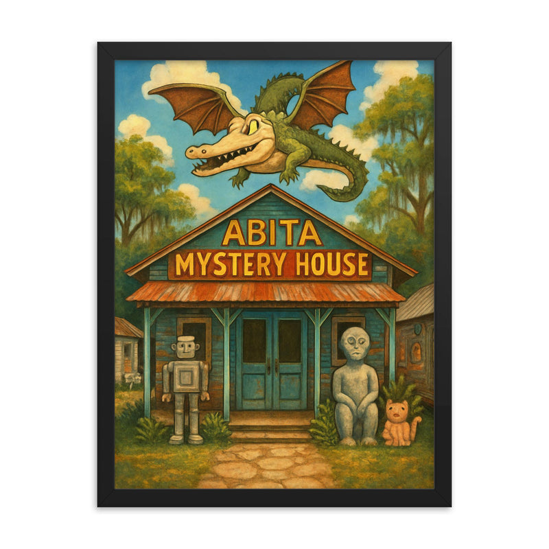 Abita Mystery House Louisiana USA framed print on a plain backdrop in size 18