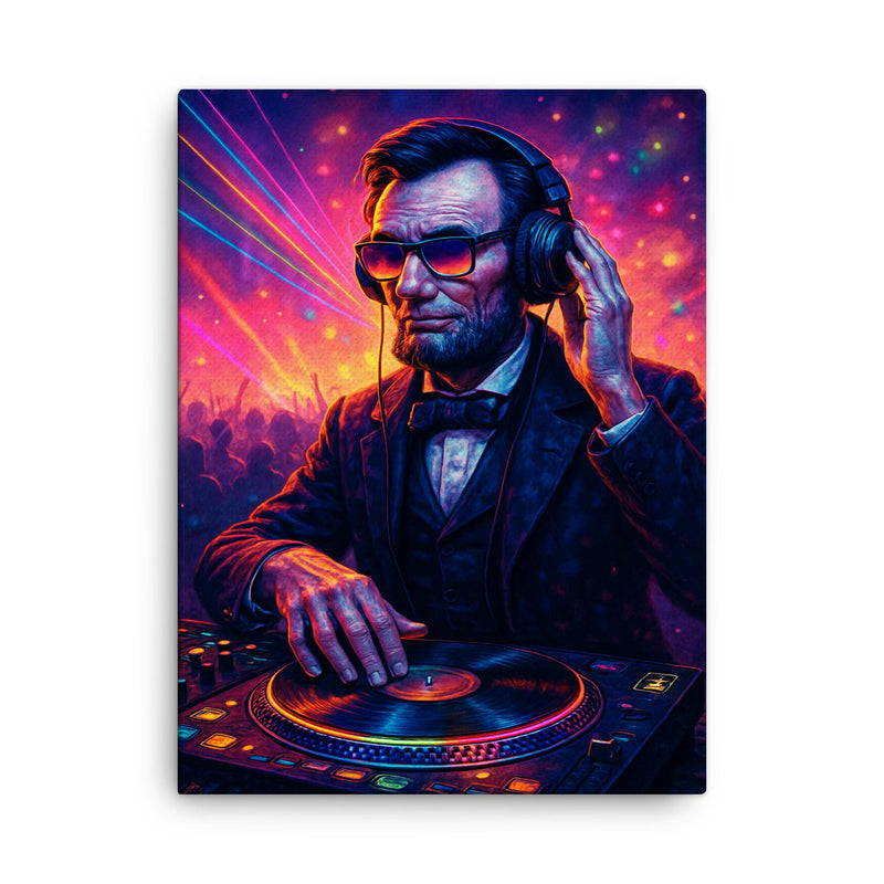 Abraham Lincoln DJ ing at a rave canvas print on a plain backdrop in size 18