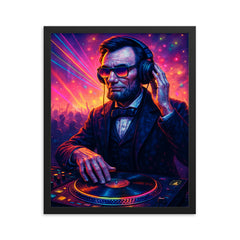 Abraham Lincoln DJ ing at a rave framed print on a plain backdrop in size 16"x20".