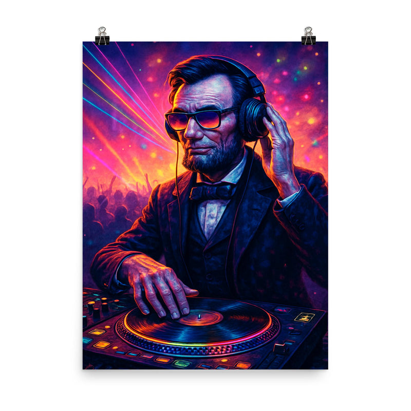 Abraham Lincoln DJ ing at a rave poster on a plain backdrop in size 8