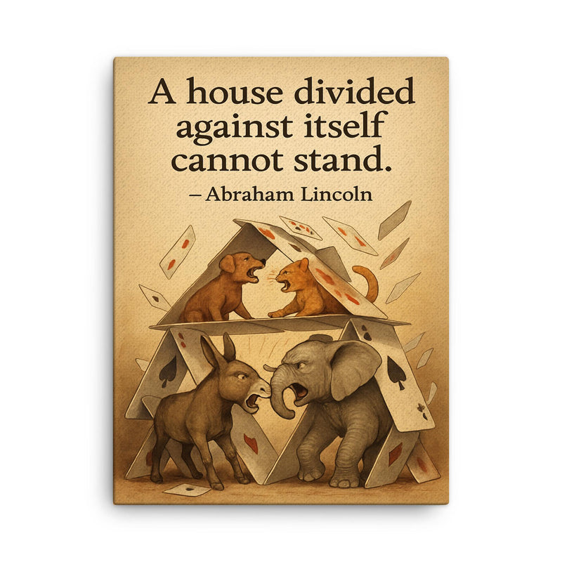 abraham lincoln house divided quote playing cards house falling animals arguing inspiring poster canvas print on a plain backdrop in size 18