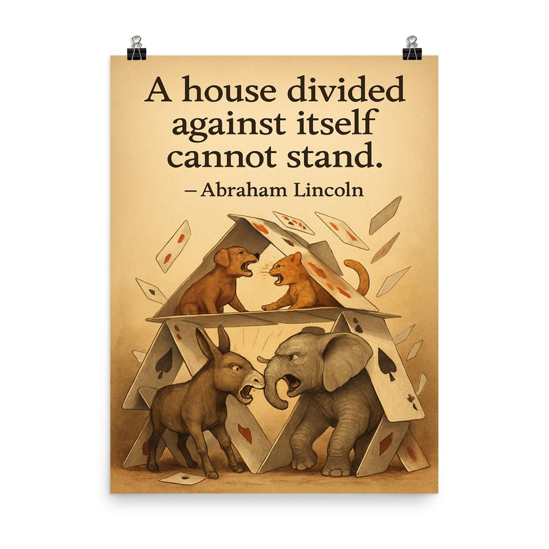 abraham lincoln house divided quote playing cards house falling animals arguing inspiring poster poster on a plain backdrop in size 8