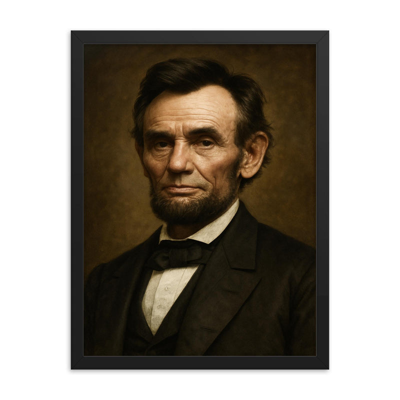 Abraham Lincoln portrait framed print on a plain backdrop in size 18