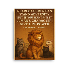 abraham lincoln quote about power and character with cat canvas print on a plain backdrop in size 16"x20".